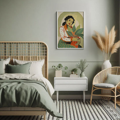 Boho style Woman with Plant Sage green wall art painting canvas print, framed print for bedroom, living room, home decor