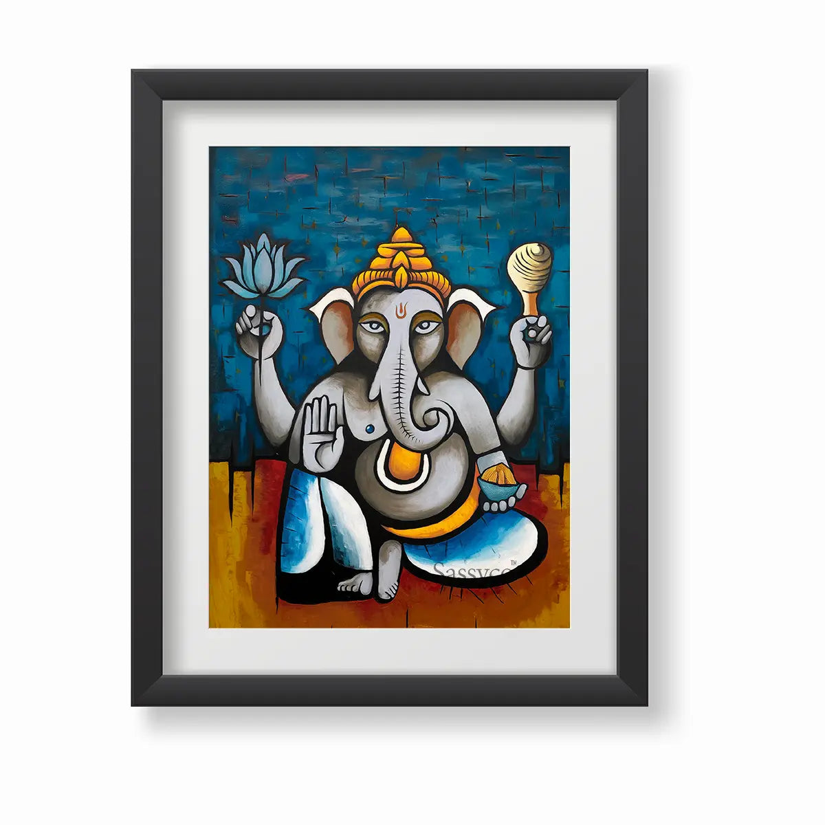 Blue, yellow, modern Lord Ganesha wall art canvas painting framed. Abstract artwork of Ganesh with lotus and symbolic elements, spiritual Hindu god décor for living room, pooja room, meditation corner, office, or entryway. Perfect Vastu Ganesha painting for positivity, wisdom, prosperity, and blessings.