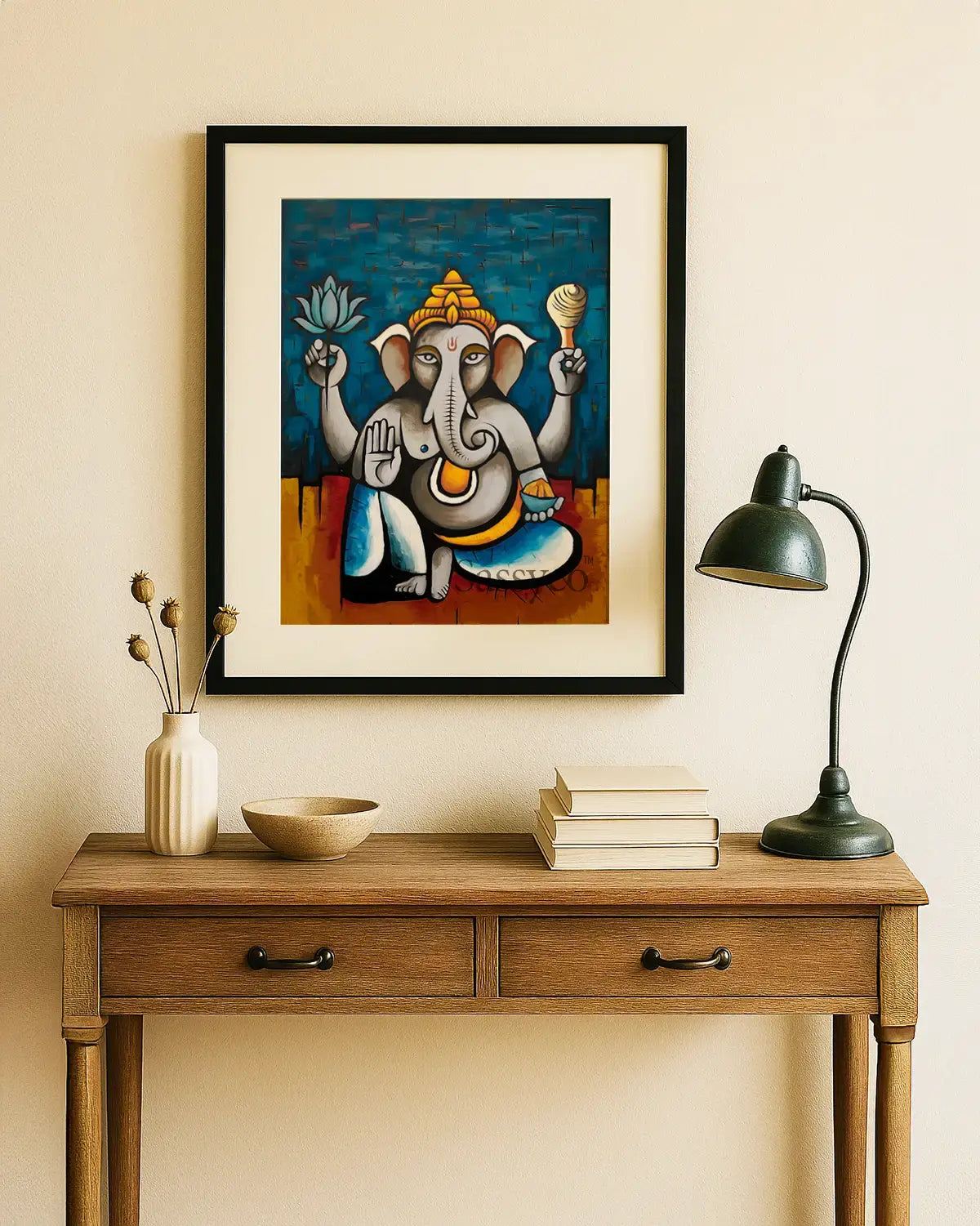 Blue, yellow, modern Lord Ganesha wall art canvas painting framed. Abstract artwork of Ganesh with lotus and symbolic elements, spiritual Hindu god décor for living room, pooja room, meditation corner, office, or entryway. Perfect Vastu Ganesha painting for positivity, wisdom, prosperity, and blessings.