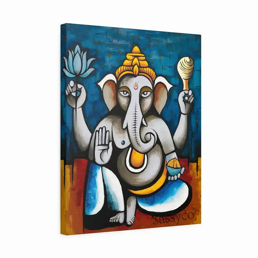 Blue, yellow, modern Lord Ganesha wall art canvas painting framed. Abstract artwork of Ganesh with lotus and symbolic elements, spiritual Hindu god décor for living room, pooja room, meditation corner, office, or entryway. Perfect Vastu Ganesha painting for positivity, wisdom, prosperity, and blessings.