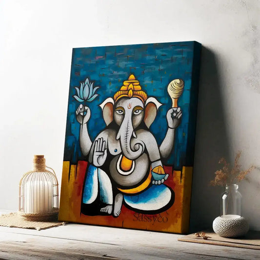 Blue, yellow, modern Lord Ganesha wall art canvas painting framed. Abstract artwork of Ganesh with lotus and symbolic elements, spiritual Hindu god décor for living room, pooja room, meditation corner, office, or entryway. Perfect Vastu Ganesha painting for positivity, wisdom, prosperity, and blessings.