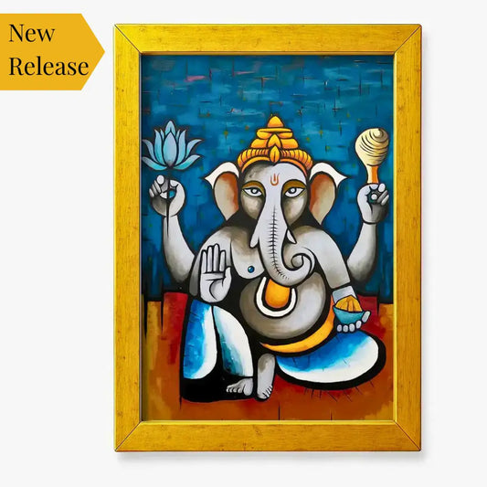 Blue, yellow, modern Lord Ganesha wall art canvas painting in a gold frame. Abstract artwork of Ganesh with lotus and symbolic elements, spiritual Hindu god décor for living room, pooja room, meditation corner, office, or entryway. Perfect Vastu Ganesha painting for positivity, wisdom, prosperity, and blessings.