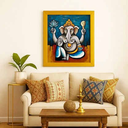 Blue, yellow, modern Lord Ganesha wall art canvas painting framed. Abstract artwork of Ganesh with lotus and symbolic elements, spiritual Hindu god décor for living room, pooja room, meditation corner, office, or entryway. Perfect Vastu Ganesha painting for positivity, wisdom, prosperity, and blessings.