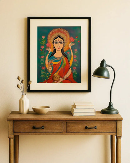 Goddess Lakshmi wall art canvas painting – modern folk-art style painting of Lakshmi with lotus flowers and gold coins, symbolizing wealth, prosperity, and abundance; perfect spiritual wall art décor for home, pooja room, or living room decor.