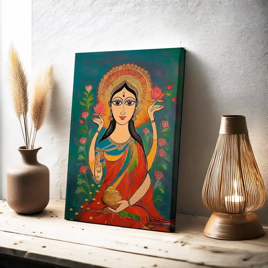 Goddess Lakshmi wall art canvas painting – modern folk-art style painting of Lakshmi with lotus flowers and gold coins, symbolizing wealth, prosperity, and abundance; perfect spiritual wall art décor for home, pooja room, or living room decor.