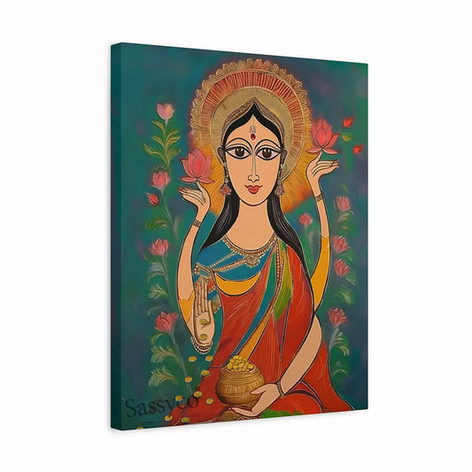 Goddess Lakshmi wall art canvas painting – modern folk-art style painting of Lakshmi with lotus flowers and gold coins, symbolizing wealth, prosperity, and abundance; perfect spiritual wall art décor for home, pooja room, or living room decor.