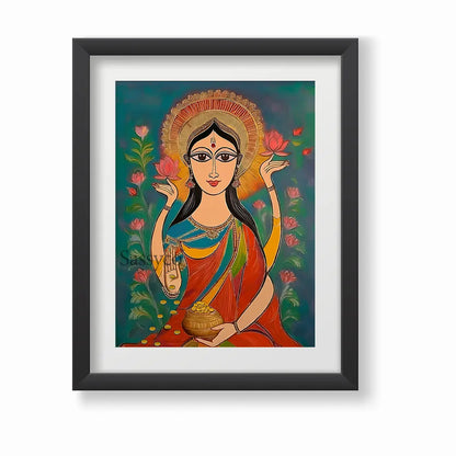 Goddess Lakshmi wall art canvas painting – modern folk-art style painting of Lakshmi with lotus flowers and gold coins, symbolizing wealth, prosperity, and abundance; perfect spiritual wall art décor for home, pooja room, or living room decor.