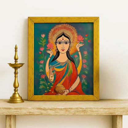 Goddess Lakshmi wall art canvas painting – modern folk-art style painting of Lakshmi with lotus flowers and gold coins, symbolizing wealth, prosperity, and abundance; perfect spiritual wall art décor for home, pooja room, or living room decor.