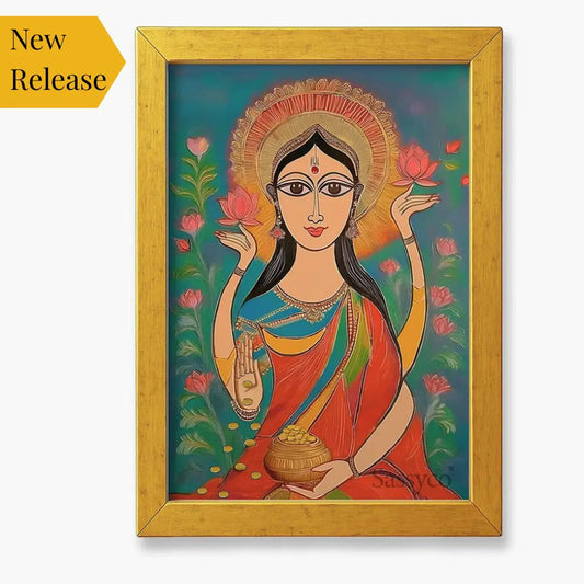 Goddess Lakshmi wall art canvas painting – modern folk-art style painting of Lakshmi with lotus flowers and gold coins, symbolizing wealth, prosperity, and abundance; perfect spiritual wall art décor for home, pooja room, or living room decor.