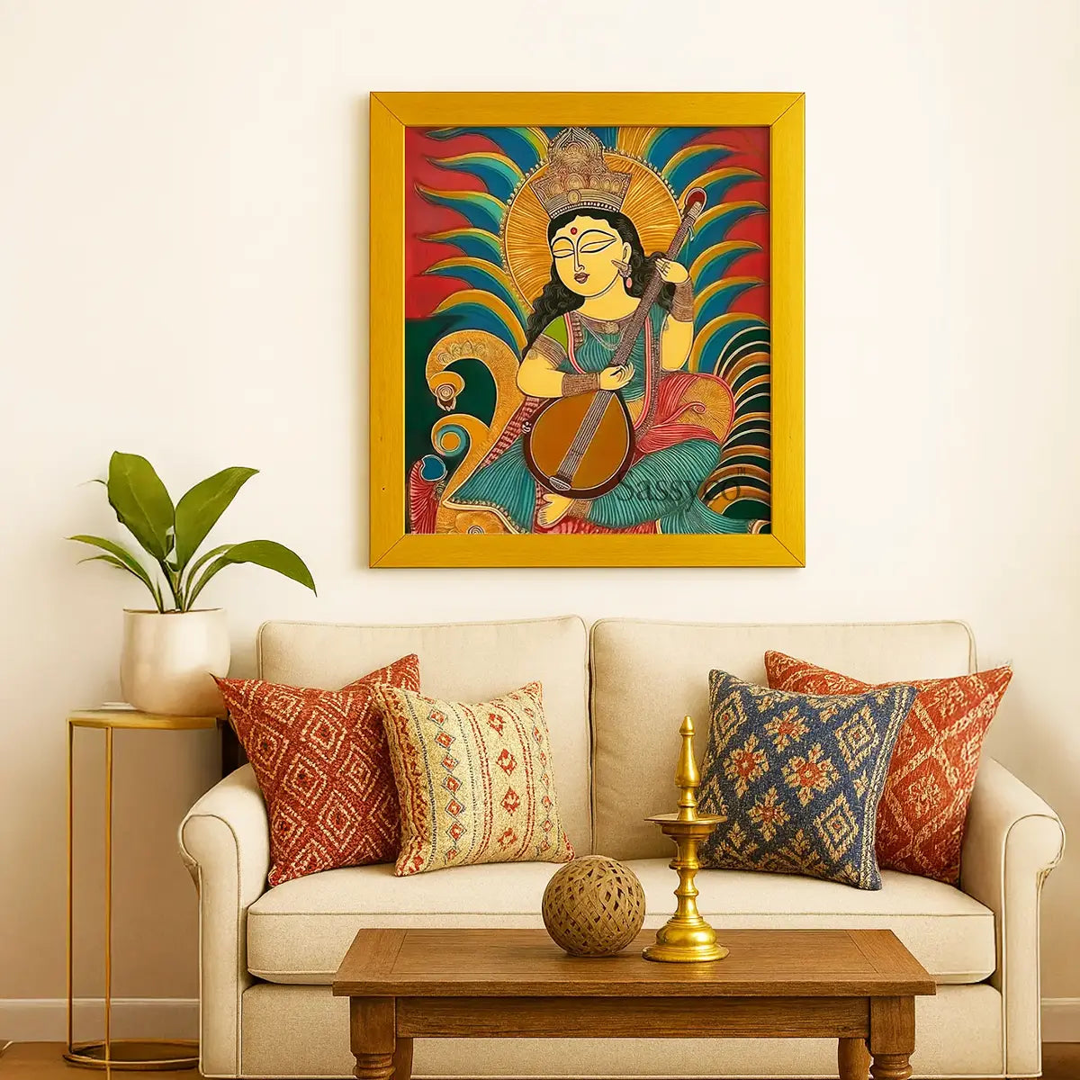 Goddess Saraswati wall art canvas painting – vibrant modern folk-art painting of Saraswati with veena, symbolizing wisdom, learning, and creativity; ideal spiritual home décor for living room decor, study room, office, or music space