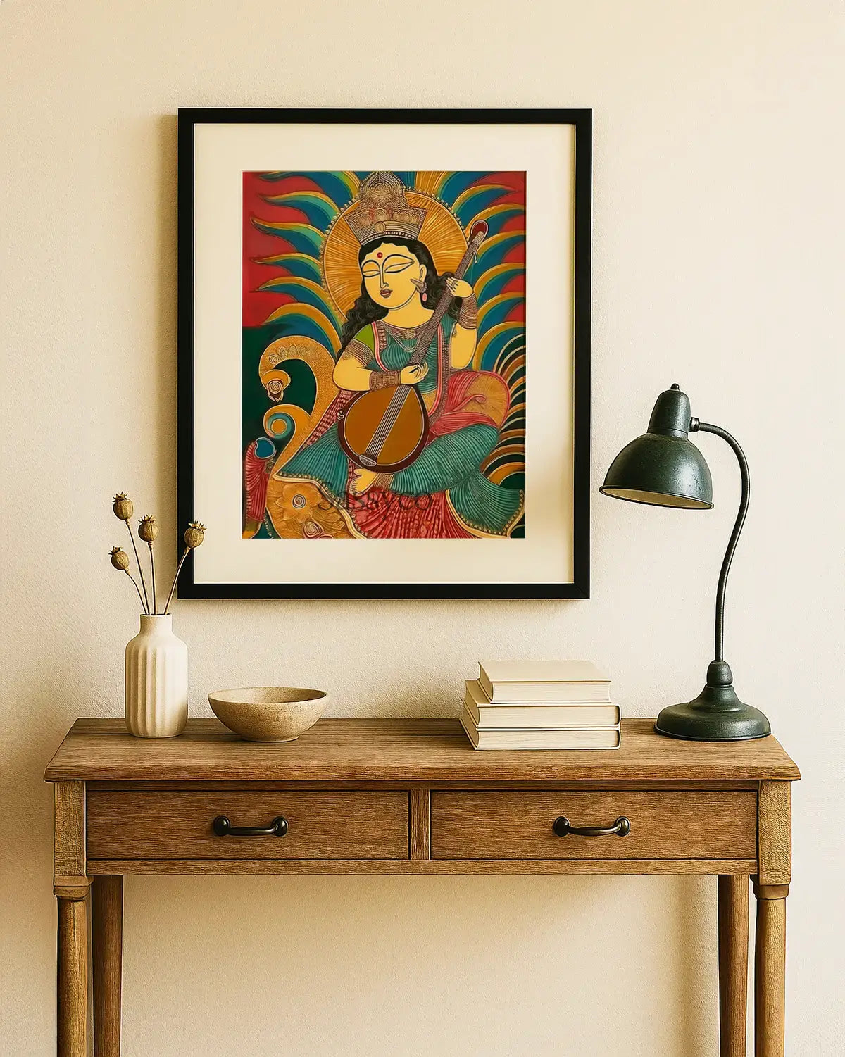 Goddess Saraswati wall art canvas painting – vibrant modern folk-art painting of Saraswati with veena, symbolizing wisdom, learning, and creativity; ideal spiritual home décor for living room decor, study room, office, or music space