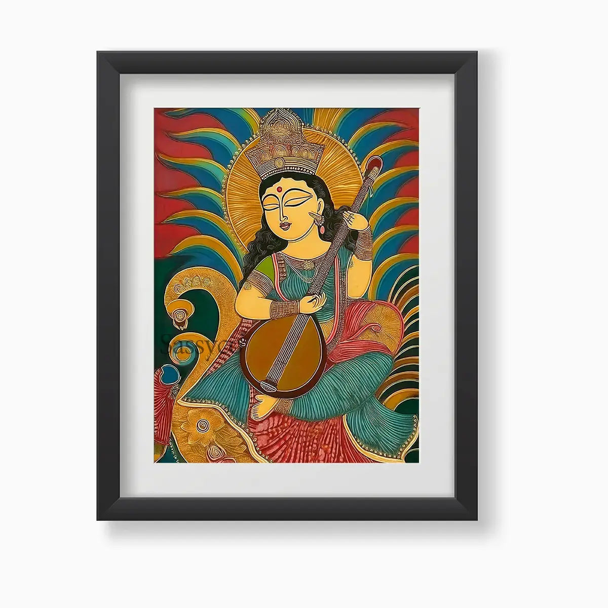 Goddess Saraswati wall art canvas painting – vibrant modern folk-art painting of Saraswati with veena, symbolizing wisdom, learning, and creativity; ideal spiritual home décor for living room decor, study room, office, or music space
