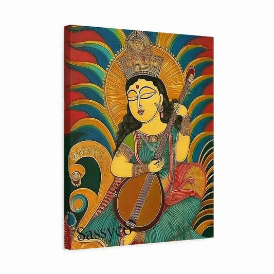 Goddess Saraswati wall art canvas painting – vibrant modern folk-art painting of Saraswati with veena, symbolizing wisdom, learning, and creativity; ideal spiritual home décor for living room decor, study room, office, or music space