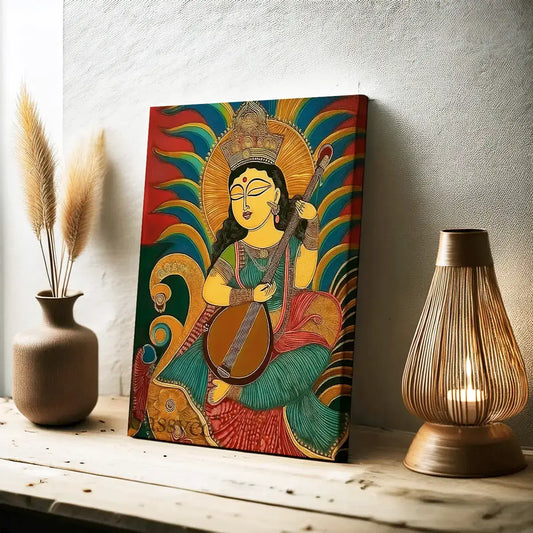 Goddess Saraswati wall art canvas painting – vibrant modern folk-art painting of Saraswati with veena, symbolizing wisdom, learning, and creativity; ideal spiritual home décor for living room decor, study room, office, or music space