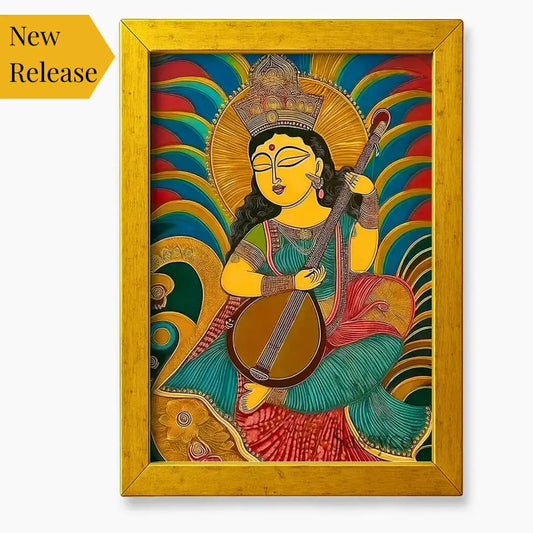 Goddess Saraswati wall art canvas painting – vibrant modern folk-art painting of Saraswati with veena, symbolizing wisdom, learning, and creativity; ideal spiritual home décor for living room decor, study room, office, or music space