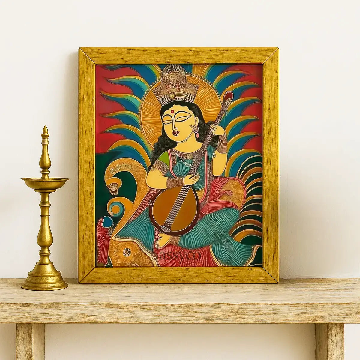 Goddess Saraswati wall art canvas painting – vibrant modern folk-art painting of Saraswati with veena, symbolizing wisdom, learning, and creativity; ideal spiritual home décor for living room decor, study room, office, or music space