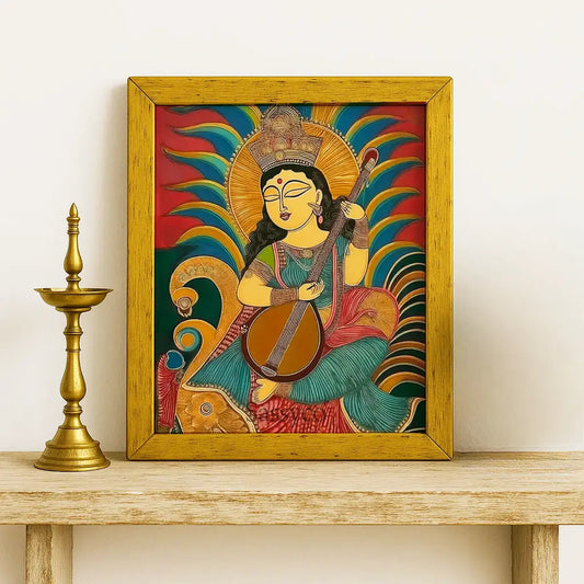 Goddess Saraswati wall art canvas painting – vibrant modern folk-art painting of Saraswati with veena, symbolizing wisdom, learning, and creativity; ideal spiritual home décor for living room decor, study room, office, or music space