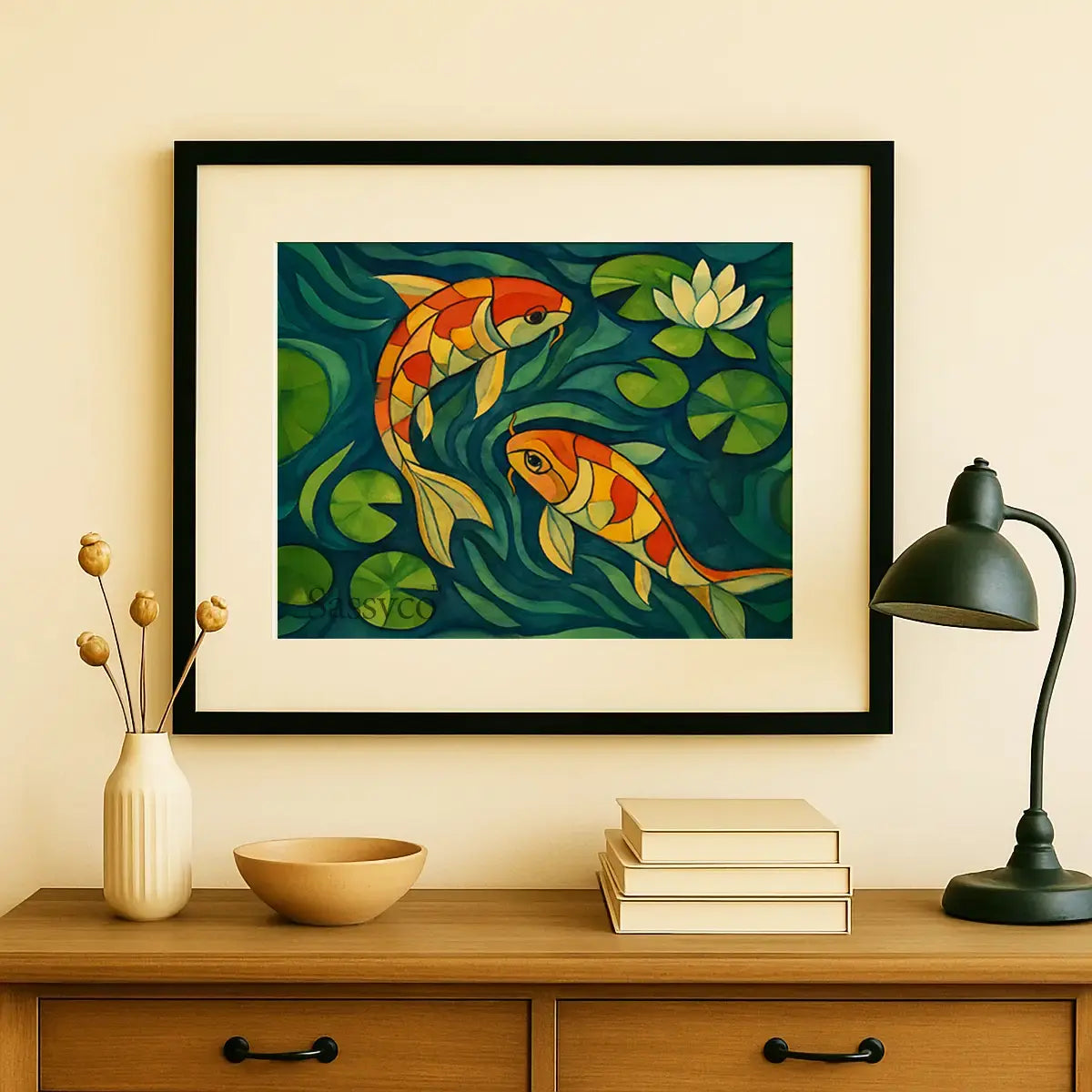 Koi fish wall art painting – modern artwork featuring colorful koi swimming in water lilies, symbolizing prosperity, wealth, and harmony; perfect décor for living room, office, or meditation area. Vastu, feng shui inspired decor.