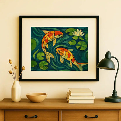 Koi fish wall art painting – modern artwork featuring colorful koi swimming in water lilies, symbolizing prosperity, wealth, and harmony; perfect décor for living room, office, or meditation area. Vastu, feng shui inspired decor.