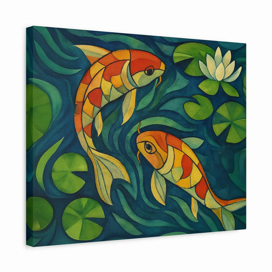 Koi fish wall art painting – modern artwork featuring colorful koi swimming in water lilies, symbolizing prosperity, wealth, and harmony; perfect décor for living room, office, or meditation area. Vastu, feng shui inspired decor.