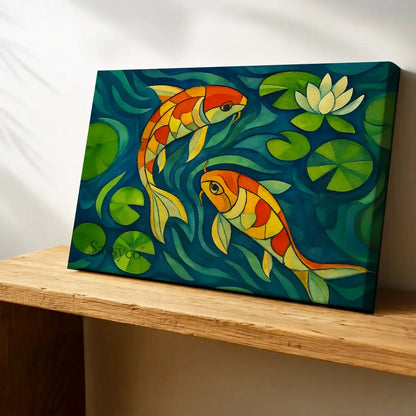 Koi fish wall art painting – modern artwork featuring colorful koi swimming in water lilies, symbolizing prosperity, wealth, and harmony; perfect décor for living room, office, or meditation area. Vastu, feng shui inspired decor.