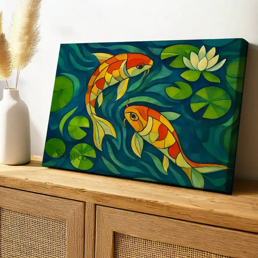 Koi fish wall art painting – modern artwork featuring colorful koi swimming in water lilies, symbolizing prosperity, wealth, and harmony; perfect décor for living room, office, or meditation area. Vastu, feng shui inspired decor.