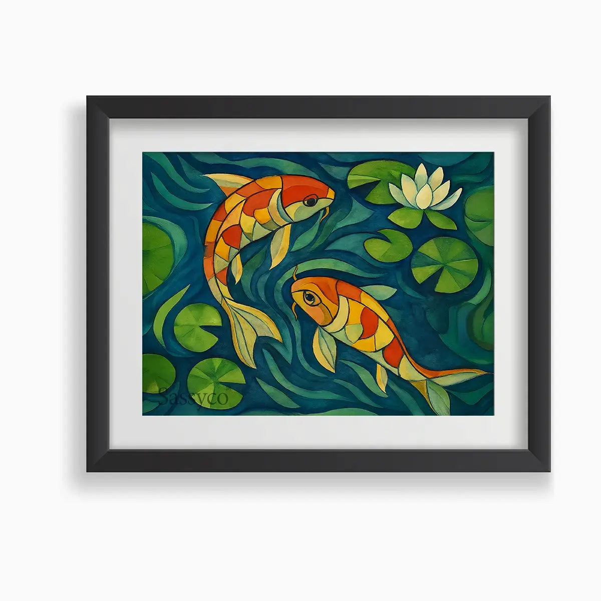 Koi fish wall art painting – modern artwork featuring colorful koi swimming in water lilies, symbolizing prosperity, wealth, and harmony; perfect décor for living room, office, or meditation area. Vastu, feng shui inspired decor.