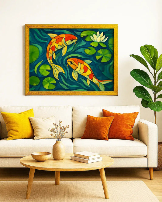 Koi fish wall art painting – modern artwork featuring colorful koi swimming in water lilies, symbolizing prosperity, wealth, and harmony; perfect décor for living room, office, or meditation area. Vastu, feng shui inspired decor.