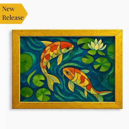 Koi fish wall art painting – modern artwork featuring colorful koi swimming in water lilies, symbolizing prosperity, wealth, and harmony; perfect décor for living room, office, or meditation area. Vastu, feng shui inspired decor.
