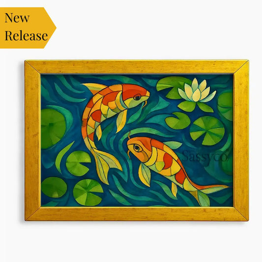 Koi fish wall art painting – modern artwork featuring colorful koi swimming in water lilies, symbolizing prosperity, wealth, and harmony; perfect décor for living room, office, or meditation area. Vastu, feng shui inspired decor.