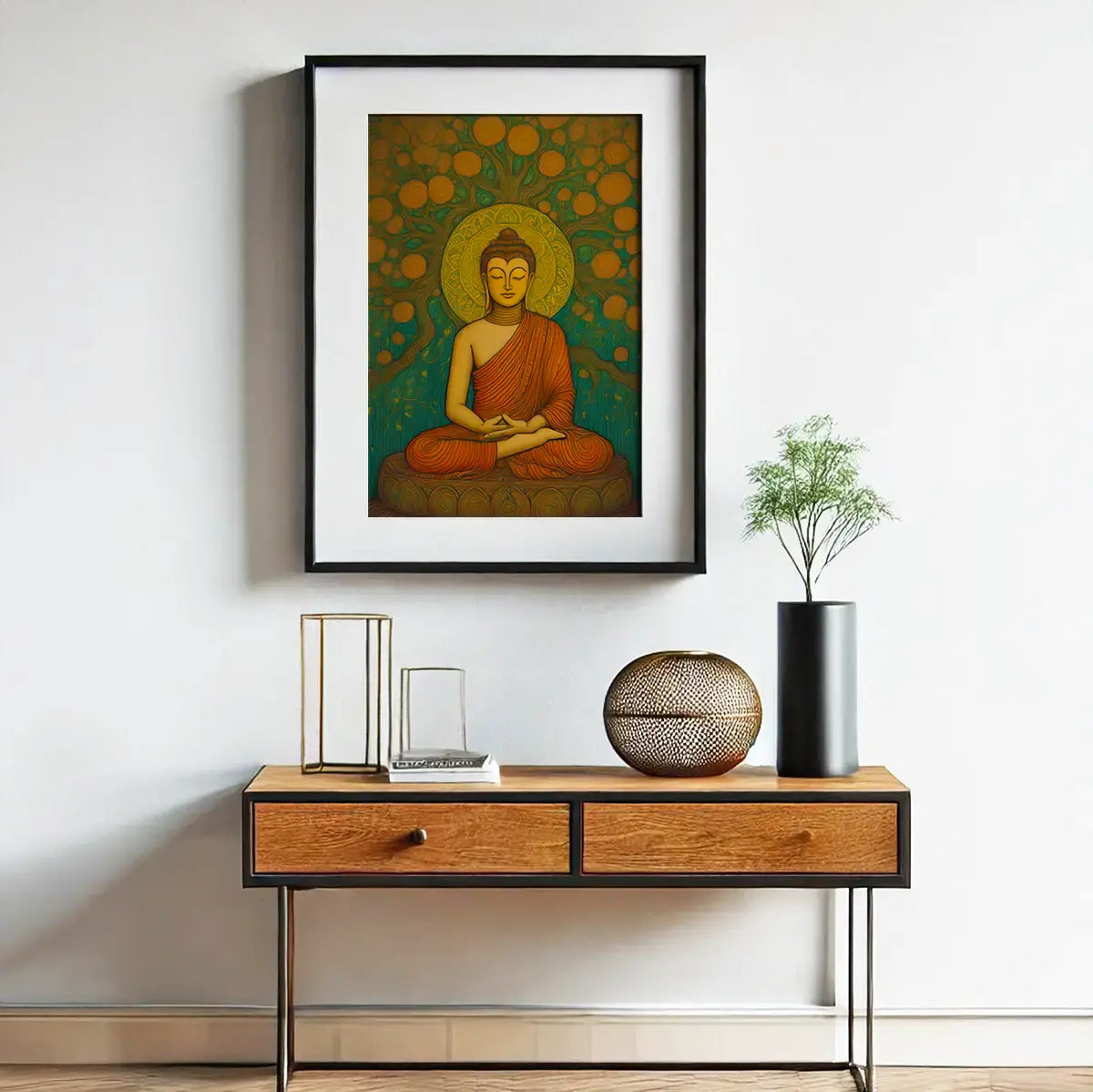 Framed artwork of the Buddha on a wall above a wooden console table with decorative items. Framed canvas artwork of Lord Gautama Buddha under the Bodhi tree and circular patterns on a teal background. Buddha canvas painting wall art – serene artwork of Lord Buddha meditating under the Bodhi tree with a golden halo, spiritual meditation art for home décor, yoga room, or living room wall decoration. abstract Buddha wall art painting for modern home decor.