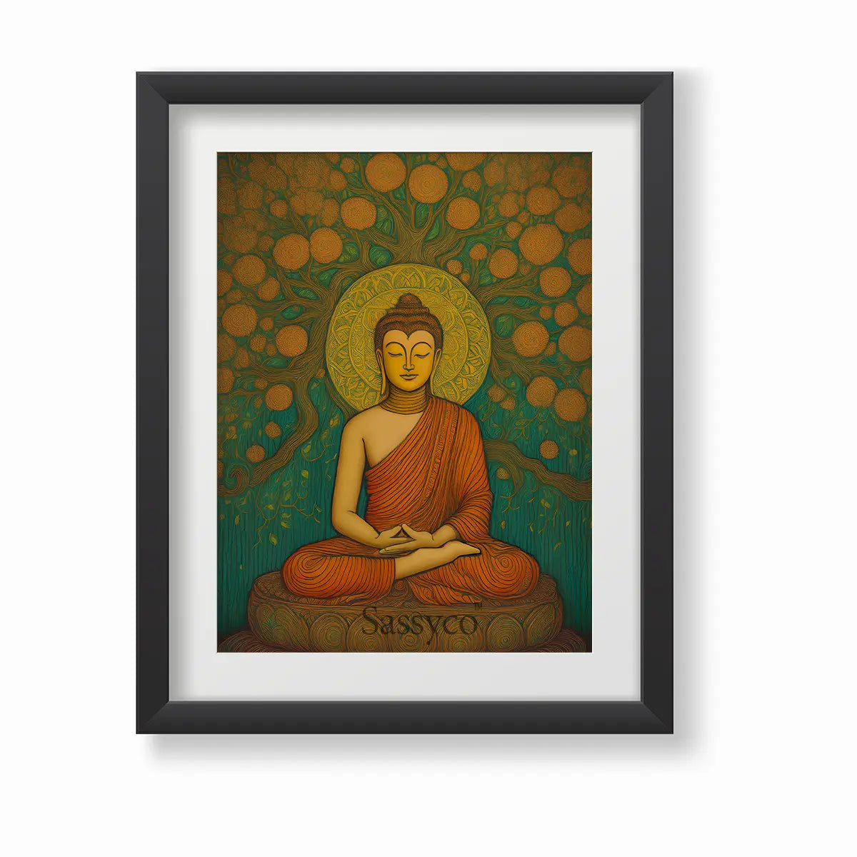 Framed canvas artwork of Lord Gautama Buddha under the Bodhi tree and circular patterns on a teal background. Buddha canvas painting wall art – serene artwork of Lord Buddha meditating under the Bodhi tree with a golden halo, spiritual meditation art for home décor, yoga room, or living room wall decoration. abstract Buddha wall art painting for modern home decor.