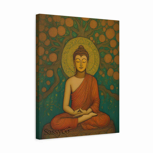 Canvas art print with a depiction of Buddha sitting under a tree, featuring the brand 'Sassyco'.  Buddha canvas painting wall art – serene artwork of Lord Buddha meditating under the Bodhi tree with a golden halo, spiritual meditation art for home décor, yoga room, or living room wall decoration. abstract Buddha wall art painting for modern home decor.
