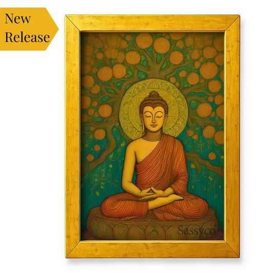 Gold framed canvas artwork of Lord Gautama Buddha under the Bodhi tree and circular patterns on a teal background. Buddha canvas painting wall art – serene artwork of Lord Buddha meditating under the Bodhi tree with a golden halo, spiritual meditation art for home décor, yoga room, or living room wall decoration. abstract Buddha wall art painting for modern home decor.