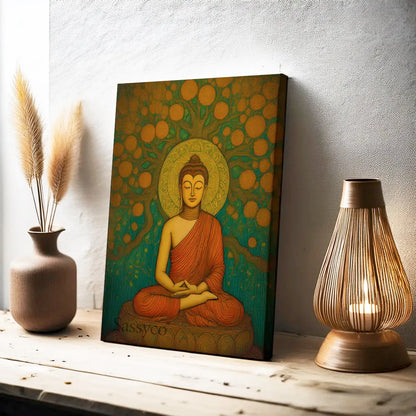 Framed canvas artwork of Lord Gautama Buddha under the Bodhi tree and circular patterns on a teal background. Buddha canvas painting wall art – serene artwork of Lord Buddha meditating under the Bodhi tree with a golden halo, spiritual meditation art for home décor, yoga room, or living room wall decoration. abstract Buddha wall art painting for modern home decor.
