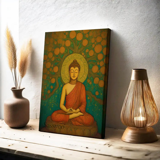 Framed canvas artwork of Lord Gautama Buddha under the Bodhi tree and circular patterns on a teal background. Buddha canvas painting wall art – serene artwork of Lord Buddha meditating under the Bodhi tree with a golden halo, spiritual meditation art for home décor, yoga room, or living room wall decoration. abstract Buddha wall art painting for modern home decor.