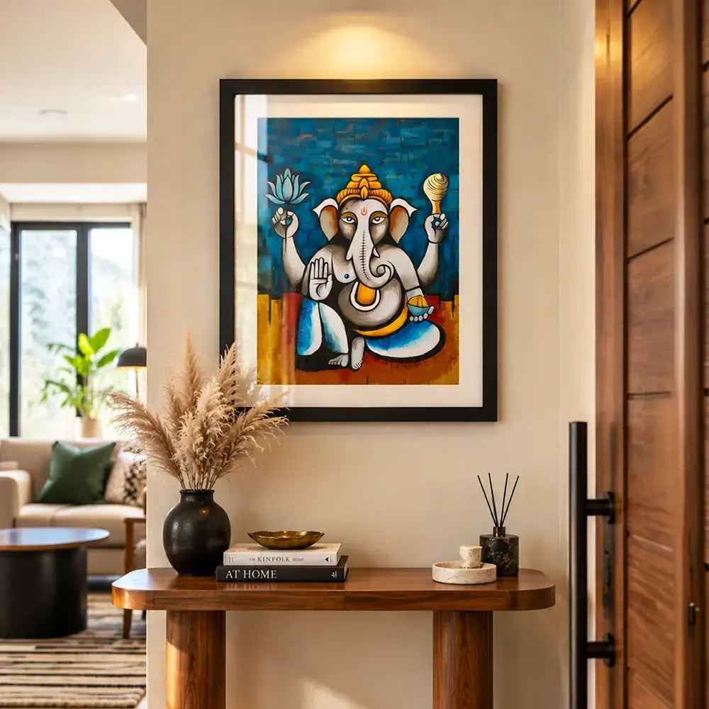 Blue, yellow, modern Lord Ganesha wall art canvas painting framed. Abstract artwork of Ganesh with lotus and symbolic elements, spiritual Hindu god décor for living room, pooja room, meditation corner, office, or entryway. Perfect Vastu Ganesha painting for positivity, wisdom, prosperity, and blessings.
