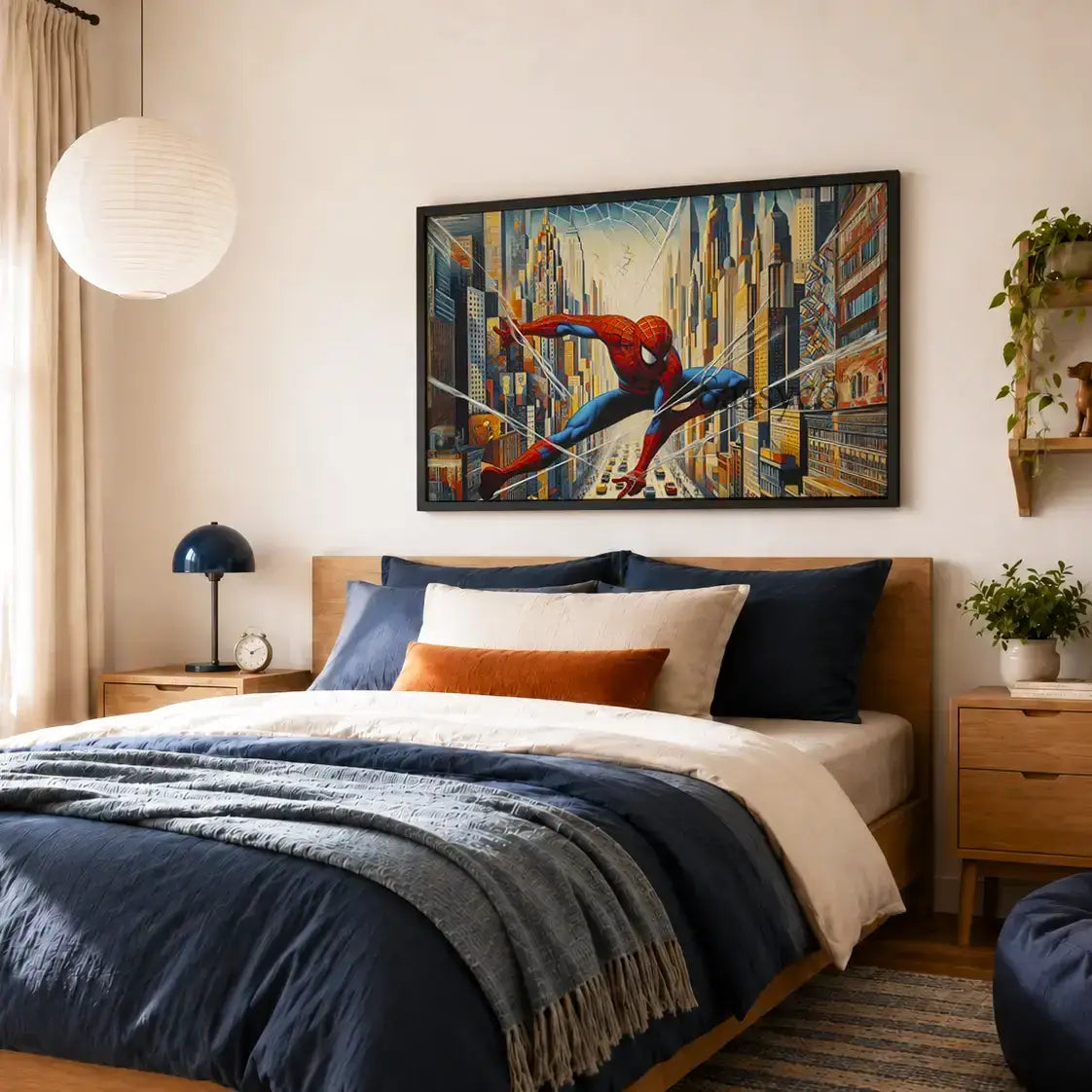 a blue, red canvas wall art painting of Spiderman in the city. Spider man superhero artwork wall art painting canvas print, framed art print for bedroom, game room wall decor, kid's room decor. Modern wall art decor for Indian homes. Abstract Marvel spiderman canvas wall art painting poster for boys room wall decor, home office decor.