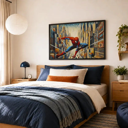 a blue, red canvas wall art painting of Spiderman in the city. Spider man superhero artwork wall art painting canvas print, framed art print for bedroom, game room wall decor, kid's room decor. Modern wall art decor for Indian homes. Abstract Marvel spiderman canvas wall art painting poster for boys room wall decor, home office decor.