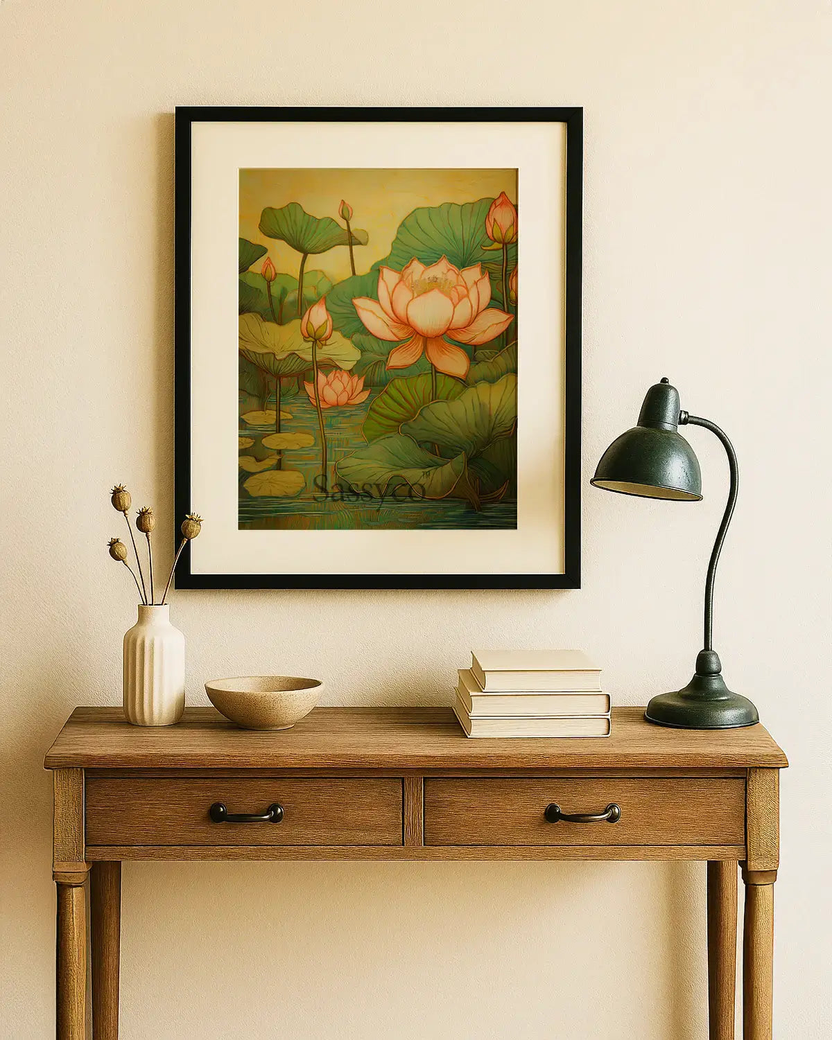 Pink lotus wall art canvas painting black frame– elegant painting of lotus flowers in bloom symbolizing purity, peace, and calm; perfect for living room wall decor, bedroom, yoga, or meditation décor