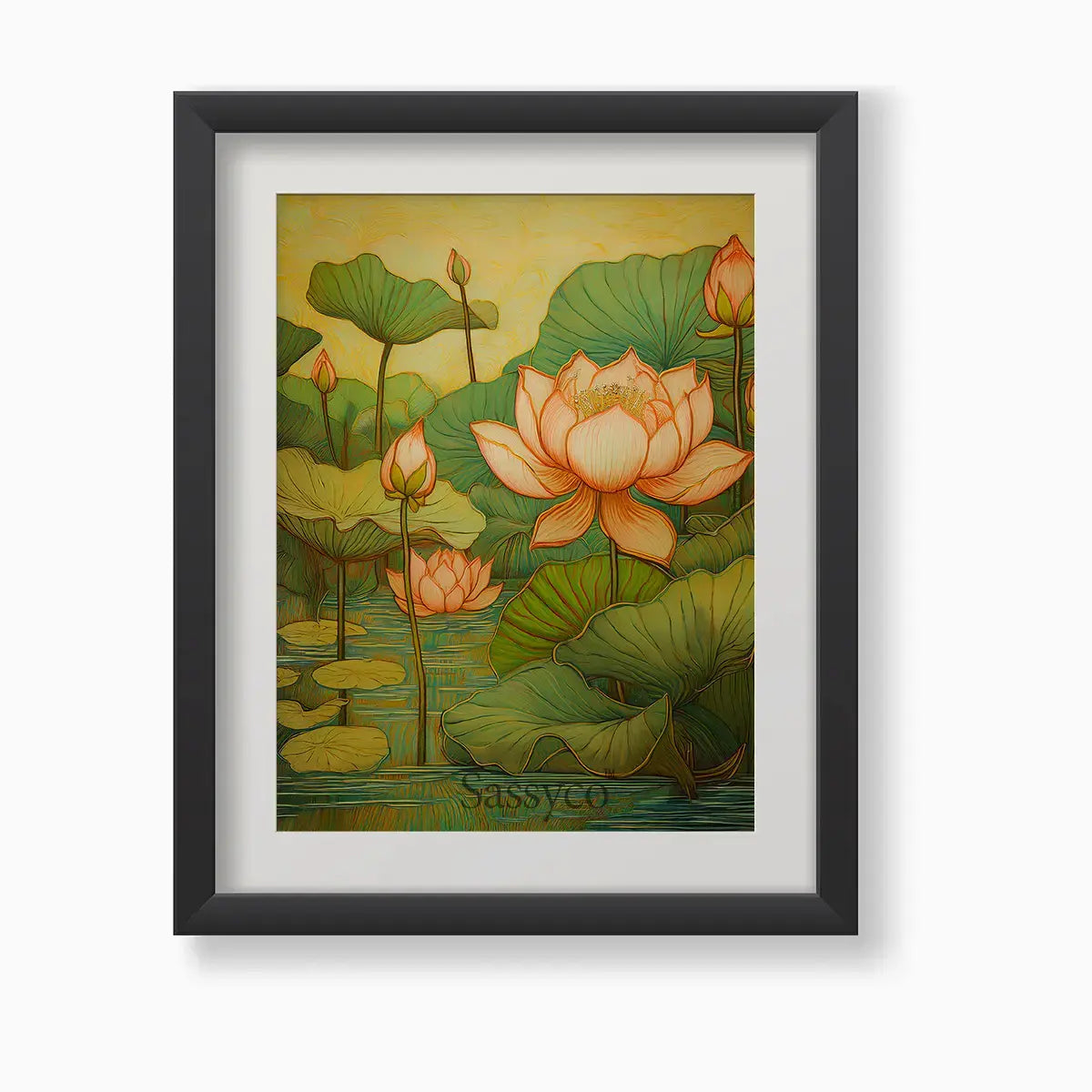 Pink lotus wall art canvas painting black frame– elegant painting of lotus flowers in bloom symbolizing purity, peace, and calm; perfect for living room wall decor, bedroom, yoga, or meditation décor