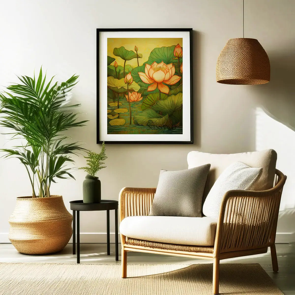 Pink lotus wall art canvas painting black frame– elegant painting of lotus flowers in bloom symbolizing purity, peace, and calm; perfect for living room wall decor, bedroom, yoga, or meditation décor