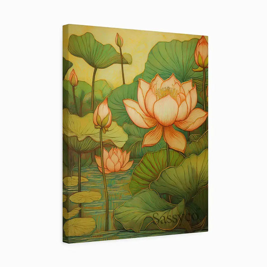 Pink lotus wall art canvas painting gallery wrap– elegant painting of lotus flowers in bloom symbolizing purity, peace, and calm; perfect for living room wall decor, bedroom, yoga, or meditation décor
