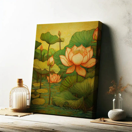 Pink lotus wall art canvas painting gallery wrap– elegant painting of lotus flowers in bloom symbolizing purity, peace, and calm; perfect for living room wall decor, bedroom, yoga, or meditation décor