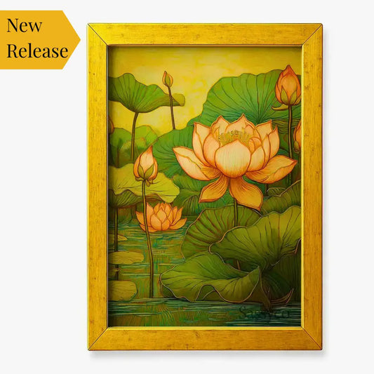 Pink lotus wall art canvas painting gold framed– elegant painting of lotus flowers in bloom symbolizing purity, peace, and calm; perfect for living room wall decor, bedroom, yoga, or meditation décor