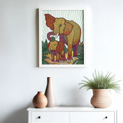 Framed artwork of two elephants on a wall above a white cabinet with decorative vases and plants. Modern abstract Elephant animal canvas painting wall art decor framed artwork for living room, bedroom decor. Green, yellow, red elephants aesthetic wall art home decor item for modern Indian home. Free Shipping. Buy best art prints, posters, modern unique artwork wall art decor shopping online in India. 