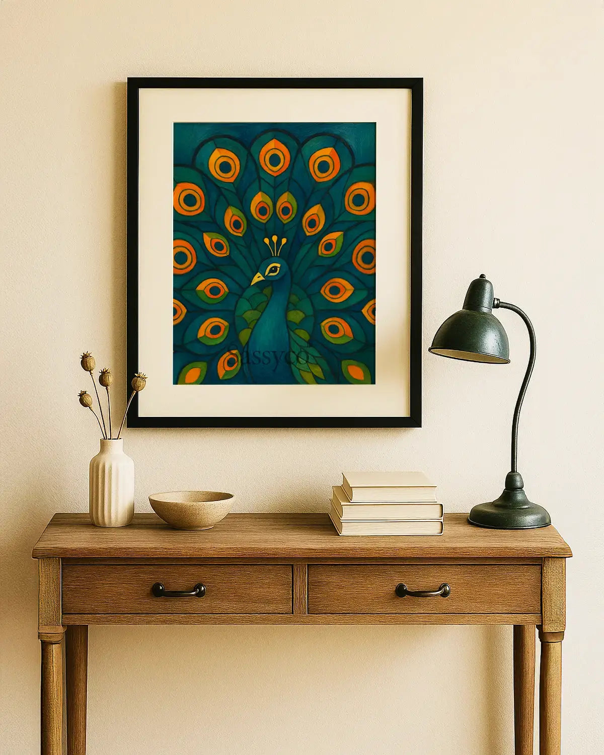 Black framed canvas artwork of a peacock with vibrant colors on a white background. Blue, green, orange peacock wall art canvas painting – modern Indian artwork featuring vibrant blue and green feathers symbolizing grace, beauty, and renewal; elegant home décor for living room, bedroom wall. 