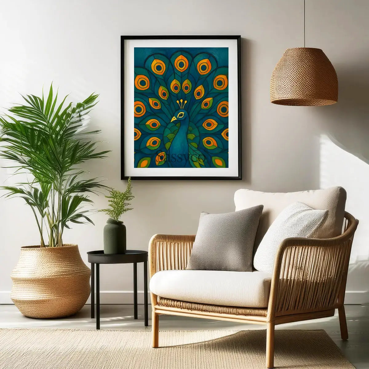 Black framed canvas artwork of a peacock with vibrant colors on a white background. Blue, green, orange peacock wall art canvas painting – modern Indian artwork featuring vibrant blue and green feathers symbolizing grace, beauty, and renewal; elegant home décor for living room, bedroom wall. 