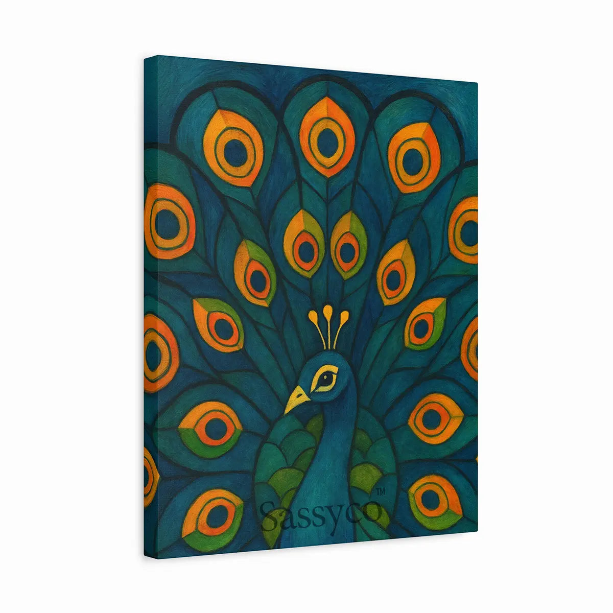 Canvas gallery stretch artwork of a peacock with vibrant colors on a white background. Blue, green, orange peacock wall art canvas painting – modern Indian artwork featuring vibrant blue and green feathers symbolizing grace, beauty, and renewal; elegant home décor for living room, bedroom wall. 