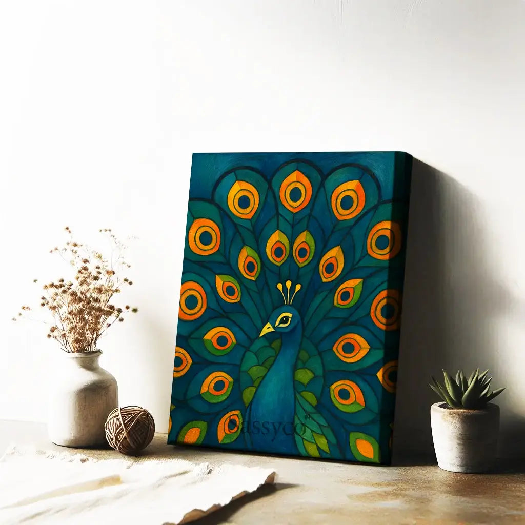 Canvas gallery stretch artwork of a peacock with vibrant colors on a white background. Blue, green, orange peacock wall art canvas painting – modern Indian artwork featuring vibrant blue and green feathers symbolizing grace, beauty, and renewal; elegant home décor for living room, bedroom wall. 